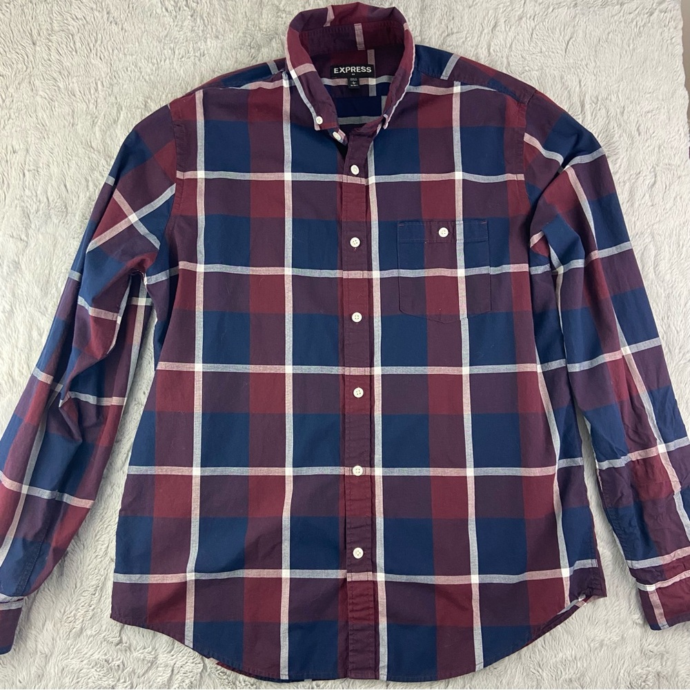 Express Checkered Button Up Long Sleeve Shirt Maroon Navy Blue Mens Large